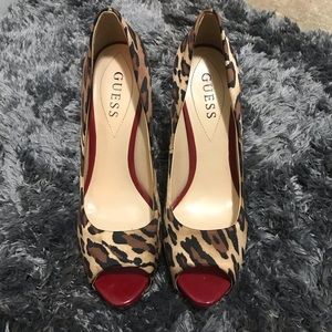 Guess Leopard Print Peep-Toe Pumps with Red Toe
